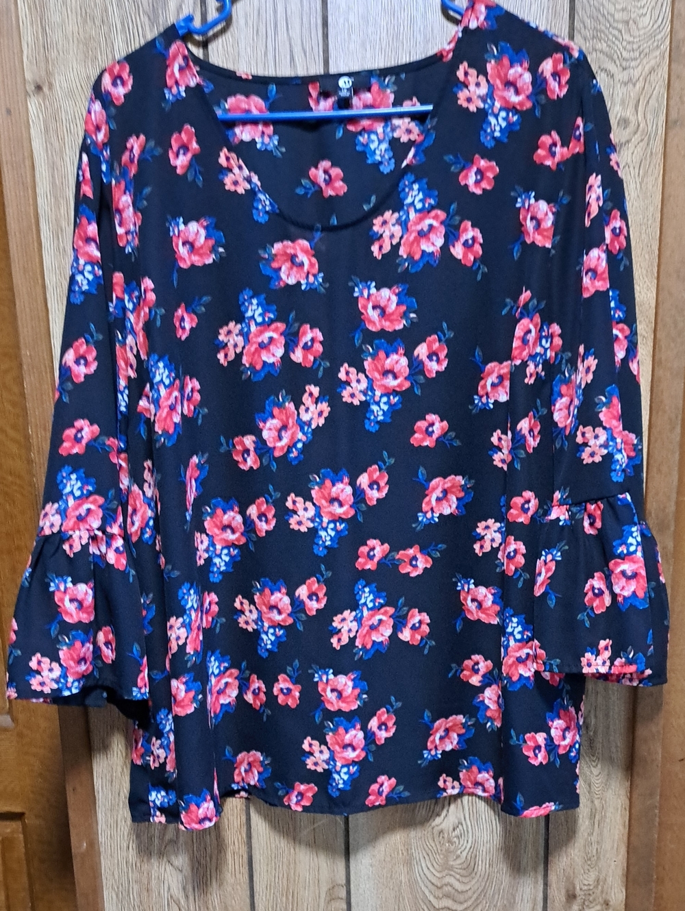 Floral Bell Sleeve Blouse - Black with Red and Blue Floral Sheer A&I Size 1X
